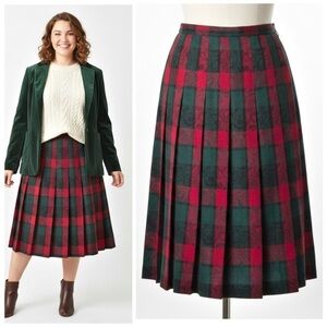 Pendleton Vintage 90s Wool Jacquard Damask Plaid Pleated Skirt Red Green Sz 14